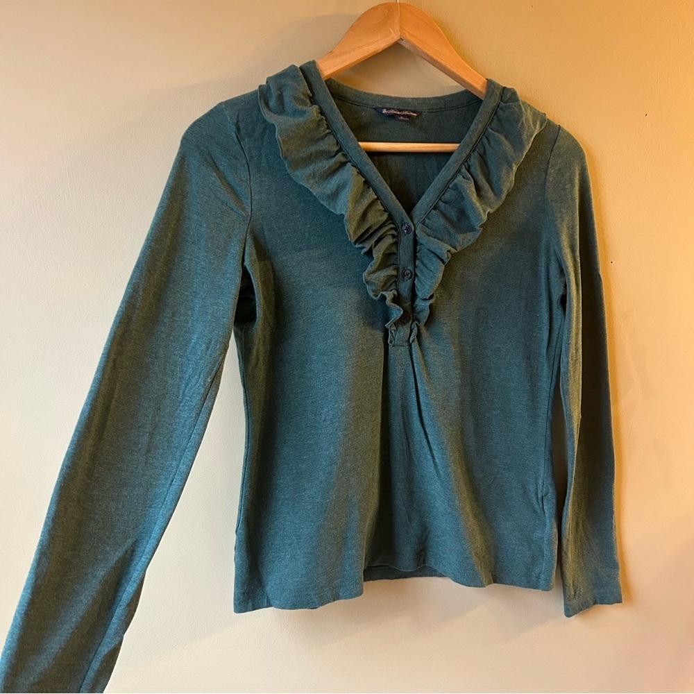 Brooks Brothers Women’s Small Dark Green Long Sleeve Top Ruffled Collar Shirt - Picture 3 of 10